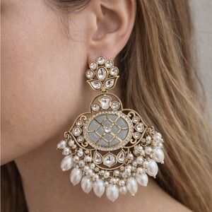 Gold Tone Chandbali Earrings Kundan Polki Faux Pearl Indian Bridal Statement